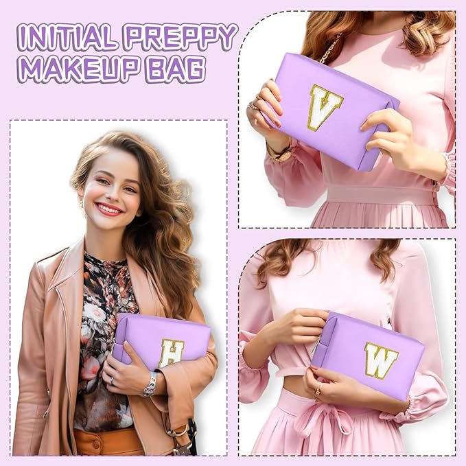TOPEAST Preppy Stuff Cute Makeup Bag Small Cosmetic Bag Travel Toiletry Bag, Personalized Birthday Wedding Gifts for Mom Teacher Friends Bridesmaids, Preppy Travel Stuff for Girls (Purple N)