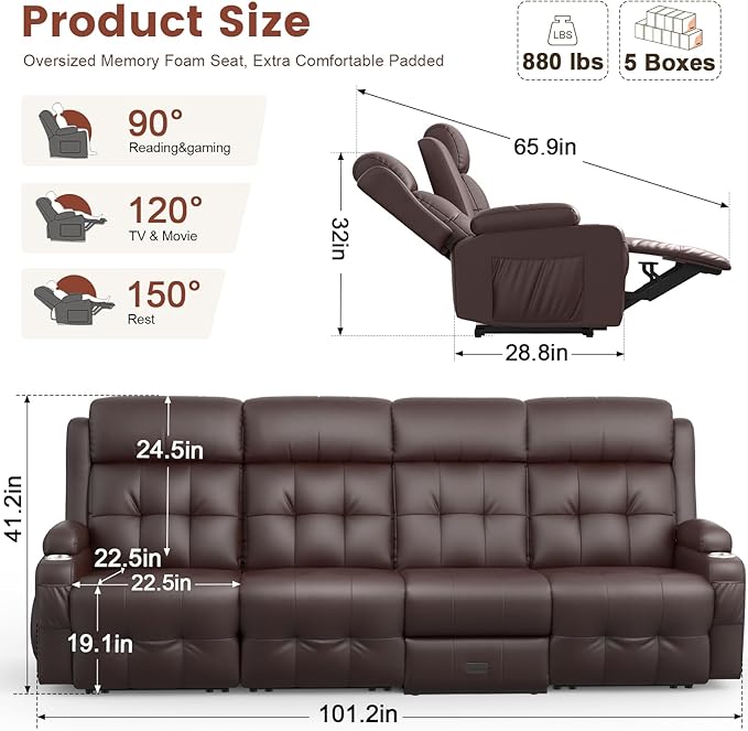 Aotolo Recliner Sofa, Massage Reclining Sofa 4 Seater Sets Heavy Weight Capacity, RV Loveseat Couch Clearance with Flip Back Console, Storage, Cup Holders, Wall Hugger Reclining Couch for Living Room