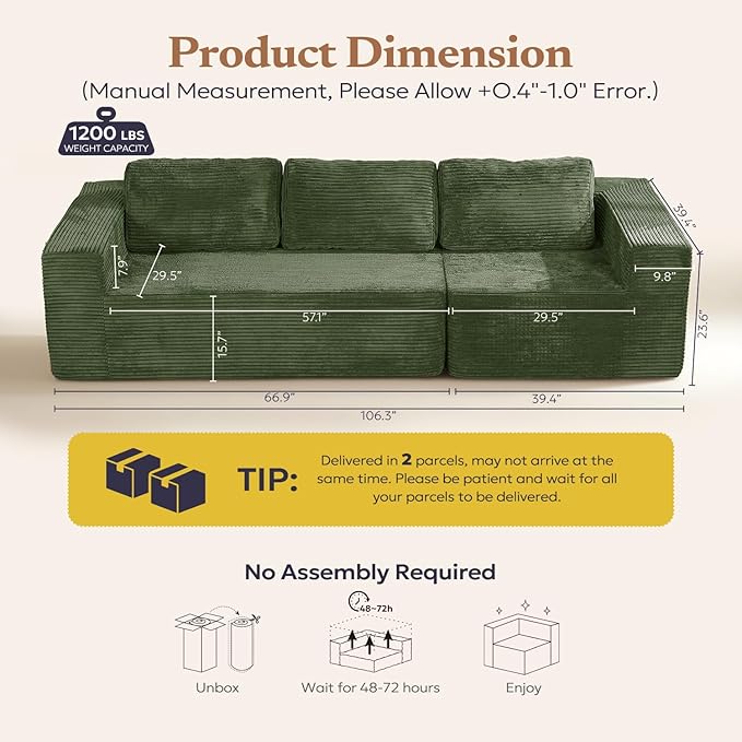 Furnify 106" 3-Seater Sofa, Cloud Modular Sofa with Certified Foam, Upholstered Floor Sofa with Deep Seat, Sofa for Bedroom Living Room, No Assembly Required (Green, Plush Corduroy Fabric)