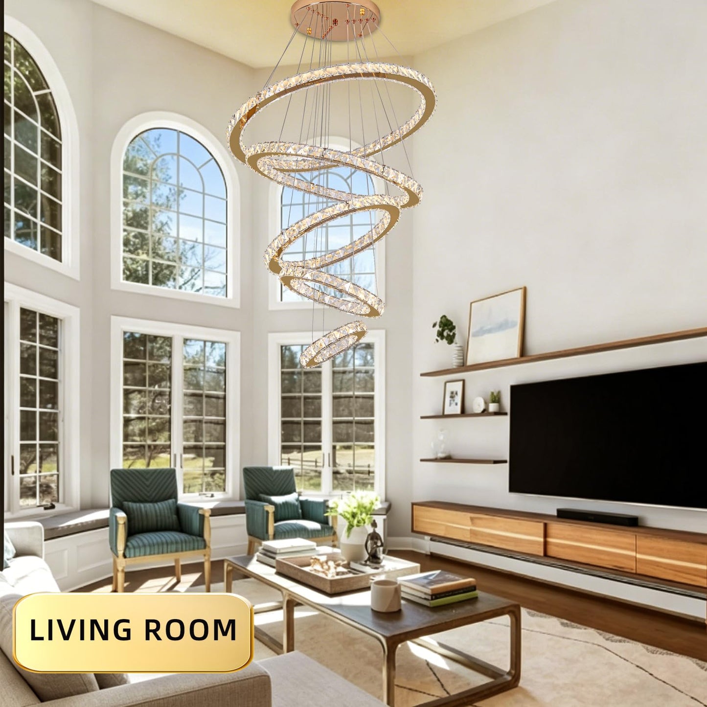 KKMYWAN Modern Crystal Chandelier Dimmable 5 Rings LED Gold Chandelier Linear Chandelier Dining Room Light Fixture with Remote for Entryway, Bedroom,Living Room and Foyer