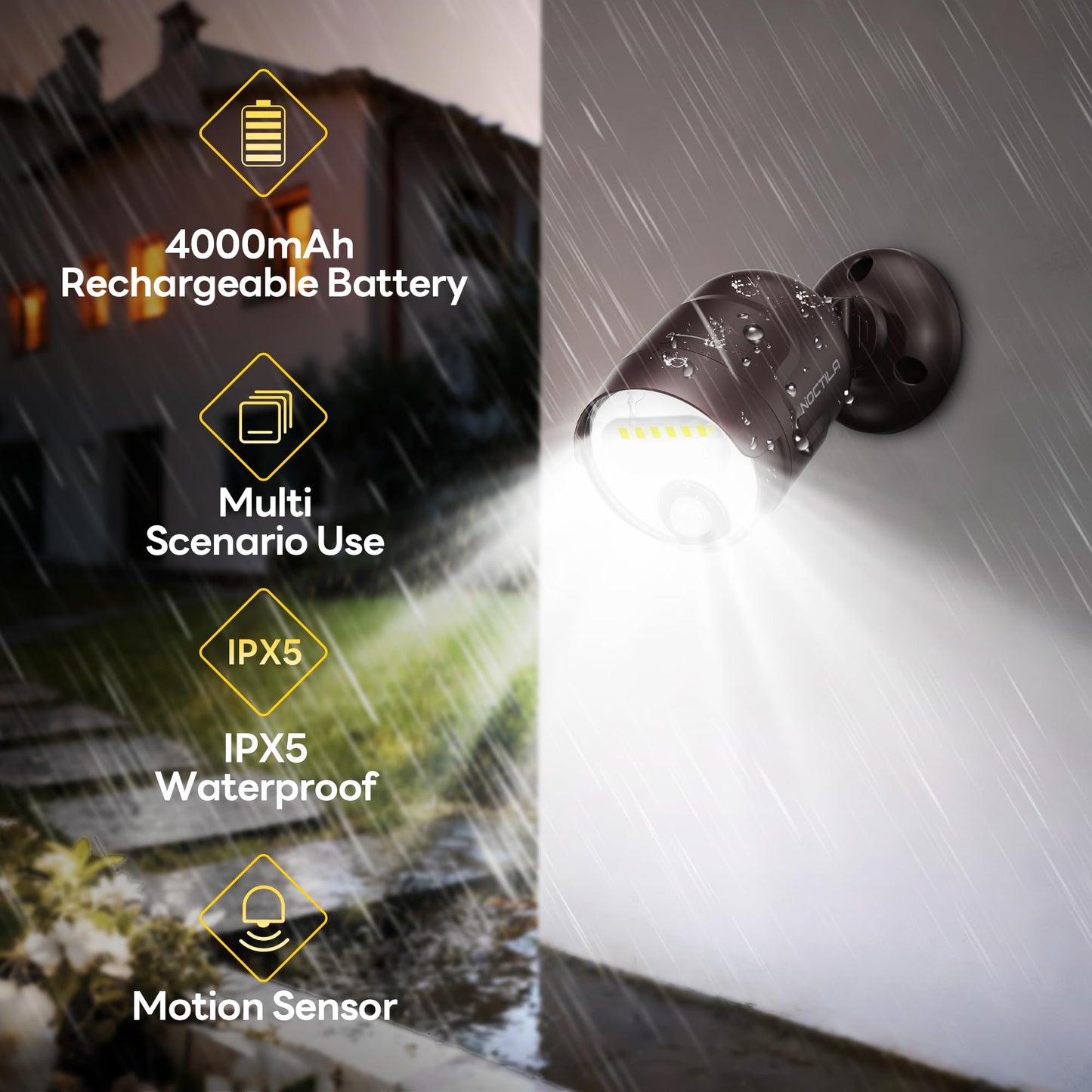 Noctila Battery Operated Motion Sensor Light,4000mAh Rechargeable Battery Powered Spotlight 600 Lumen Outdoor IP65 Waterproof for Porch,Yard,Wall,Garden with Dusk to Dawn (Brown-1pcs)