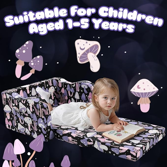 MeMoreCool Toddler Couch Chair – Foldable Kids Sofa for Ages 1–3, Fold-Out Bed with Side Pocket, Comfy & Washable Detachable Cover | Cute Patterns | Lightweight Lounger for Playroom, Naptime, Gifting
