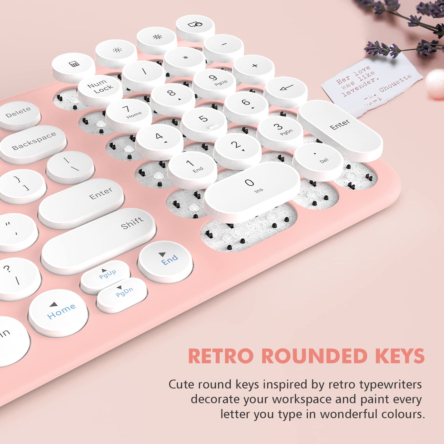 Wireless Keyboard And Mouse Combo, Xtremtec Cute Compact -Size Pink Retro Round Keycap, Ultra Thin Quiet 2.4Ghz Retro Kawaii Key