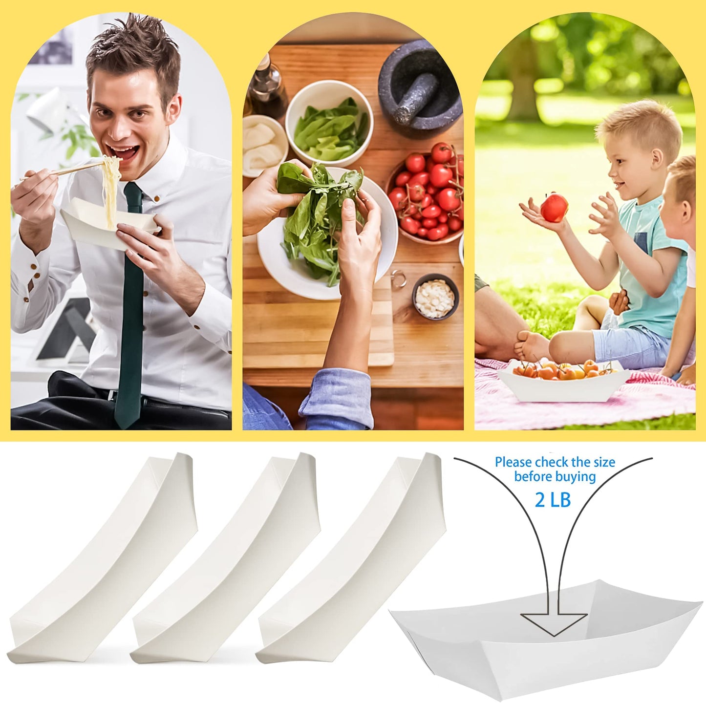 MotBach 100 Pack 2lb Kraft Paper Food Trays, Waterproof Heavy-Duty Paper Food Boats Disposable Serving Baskets Trays for Fries Sandwiches Burgers Hot Dogs Taco BBQ Popcorn Picnic Wedding Party (White)