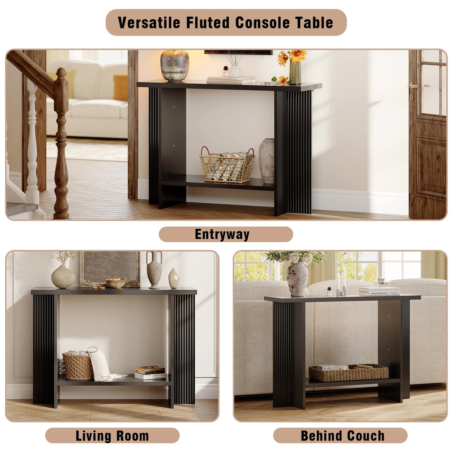 Trironsun Fluted Console Table for Small Spaces 2-Tier Storage Narrow Entryway Table with Solid Wood Cross Base Mid-Century Modern Sofa Table for Hallway Living Room Behind Couch
