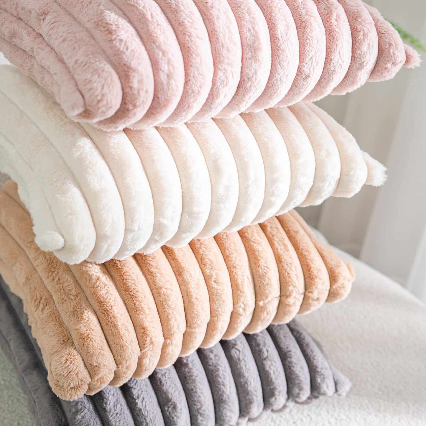 DEELAND Pack of 2,Double-Sided Faux Fur Plush Decorative Throw Pillow Covers Fuzzy Striped Soft Pillowcase Cushion Covers for Sofa Couch Bedroom Home, Cream White