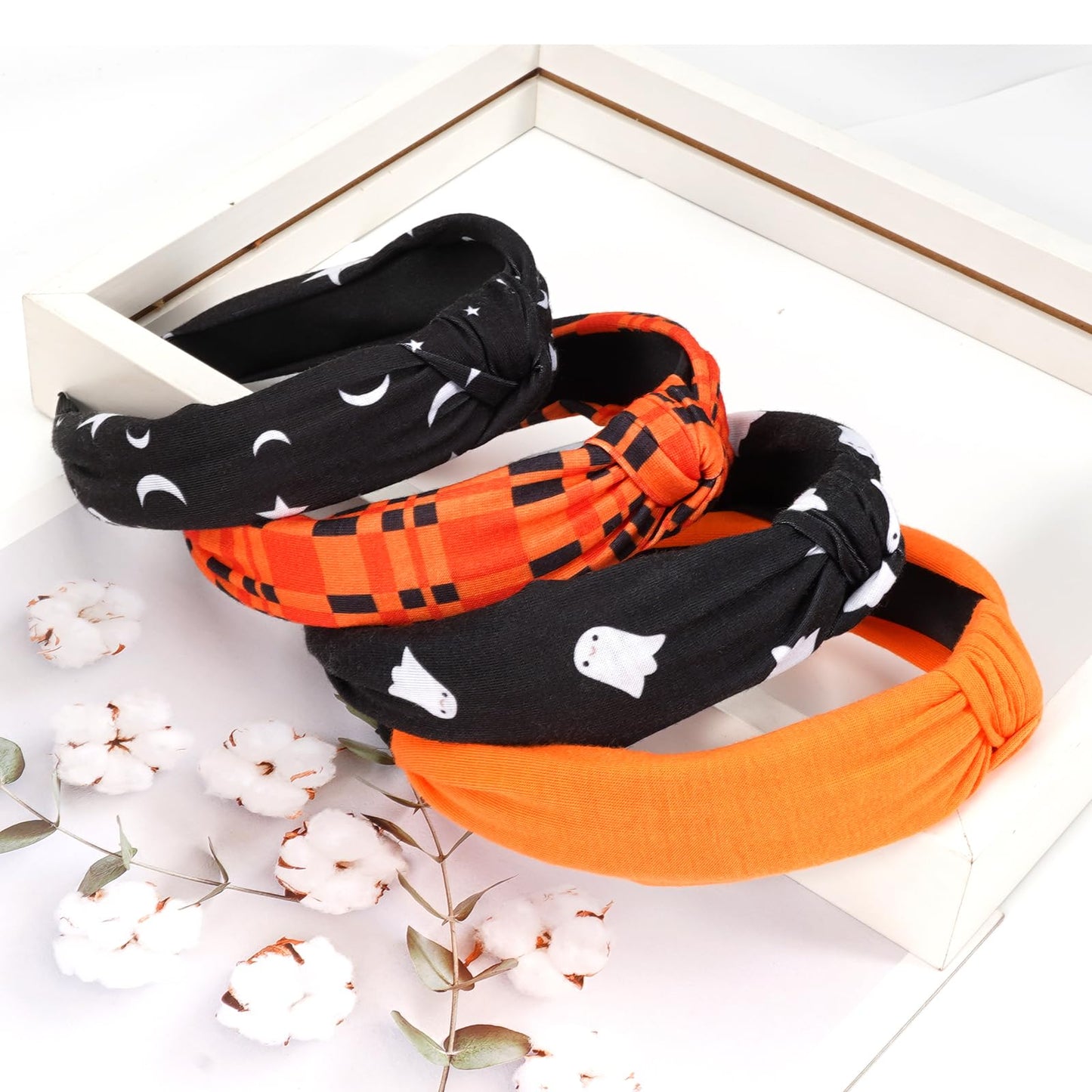 Halloween Headbands for Women Ghost Moon Star Wide Knot Heabdand for Teen Girls Fall Orange Plaid Hair Accessories Hair Hoop Hal