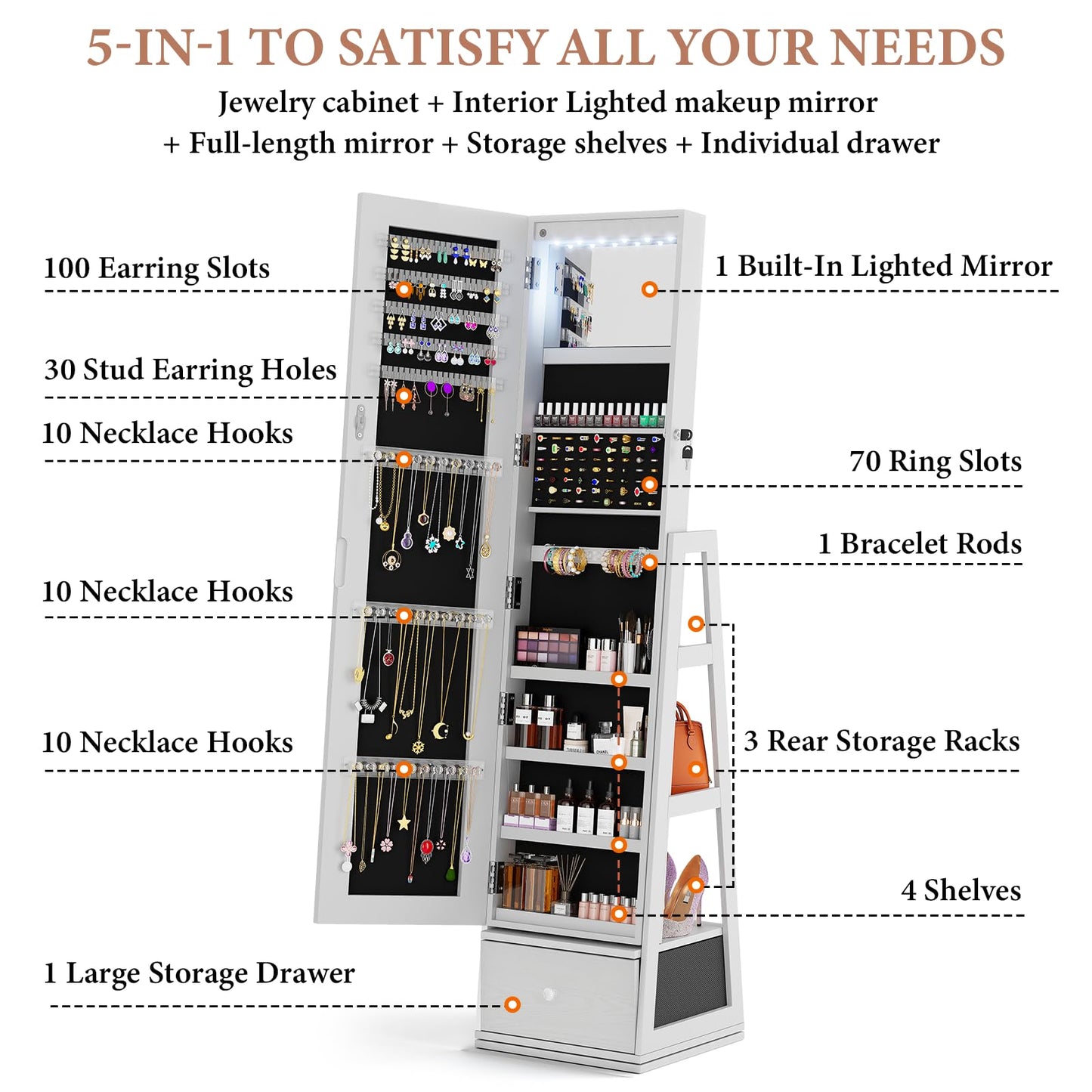 FAVSH Jewelry Cabinet with Drawer, 5-In-1 Standing Jewelry Armoire with LED Lights, 360° Swivel Jewelry Organizer with Full Length Mirror, White