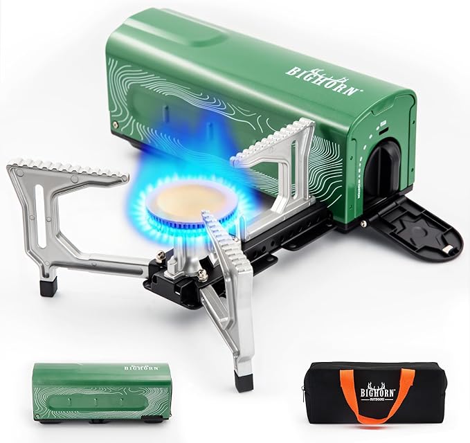 BIG HORN OUTDOORS Butane Camping Stove, Portable Folding Gas Burner with Carry Bag for Camping, Emergency Use and Outdoor ...