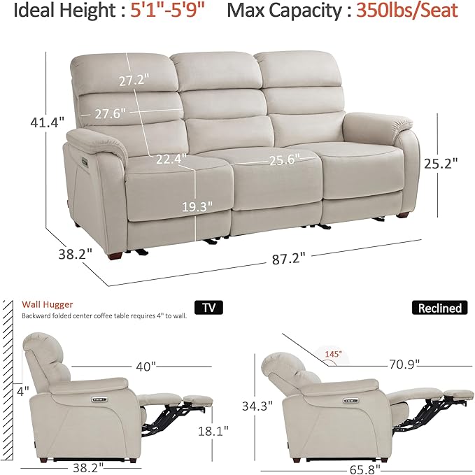 MCombo 87.2'' Wall Hugger Power Recliner Sofa with Drop Down Table, Reclining Sofa with Adjustable Headrest, USB Charge Ports, Reading Lamp, for Living Room, RVs, Fabric, ST258M3 (3-Seater, Beige)