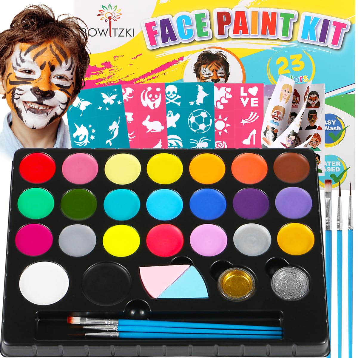 Bowitzki Face Painting Kit for Kids 23 Colors Water Based Face Paint Kit Non Toxic Professional with Stencils Brushes for Partie