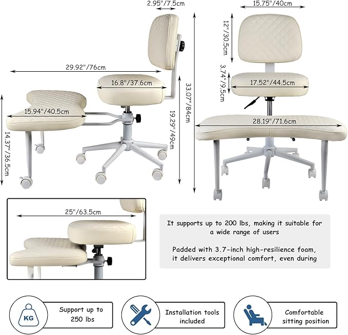 Meditation Chair Cross Legged Chair with Wheels Criss Cross Chair ADHD Desk Chair for Adults with Back Support Wide Squatting Kneeling Chair Adjustable Height for Office, Home, Yoga (White)