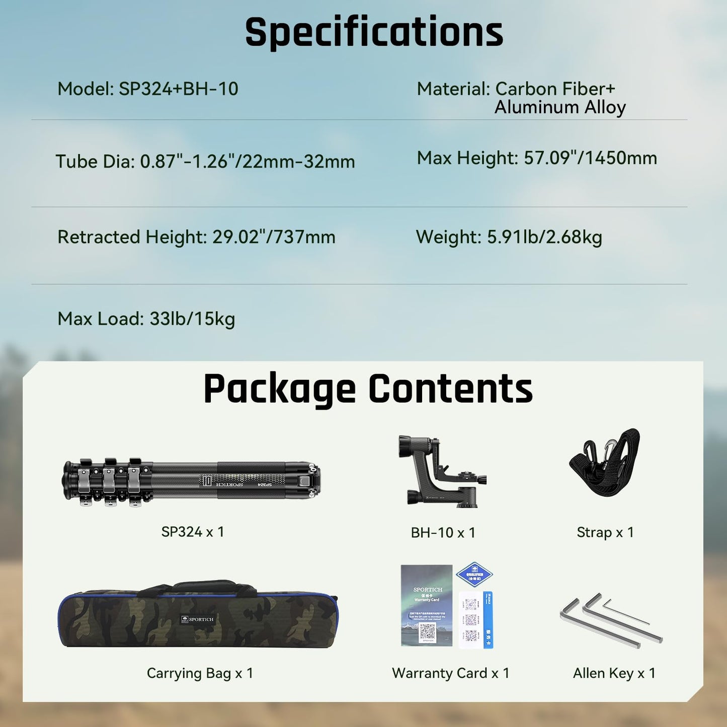 Sportich Heavy Duty SP324 Carbon Fiber Tripod and BH-10 Gimbal Head Kit, Professional for Landscape, Wildlife, Bird Photography, Sports, Long Telephoto, Video Tracking, Supports up to 33lbs/15kg