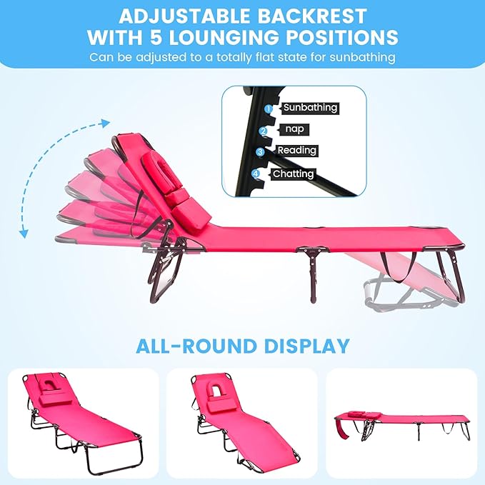 GYMAX Tanning Chair, 350lbs Beach Lounge Chair with Face Hole, Washable Pillow & Carry Strap, Adjustable Folding Chaise Lounge, Layout Lounger for Outside, Patio, Poolside, Lawn (2, Pink)