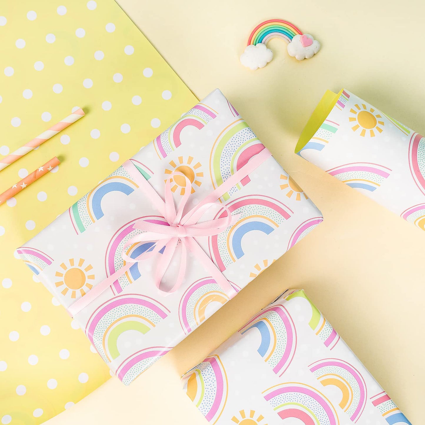 WRAPAHOLIC Jumbo Reversible Baby Shower Wrapping Paper - 30 Inch x 33 Feet - Rainbows and Polka Dot Design for Neutral Baby Shower, Boys Girls Kids Birthday