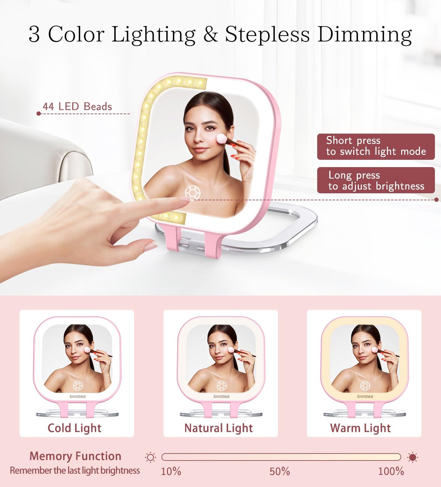 Shinowa Rechargeable Travel Makeup Mirror with 44 LED Lights, 1X/10X Magnifying Vanity Mirror with 3 Color Light, Folding Stand,