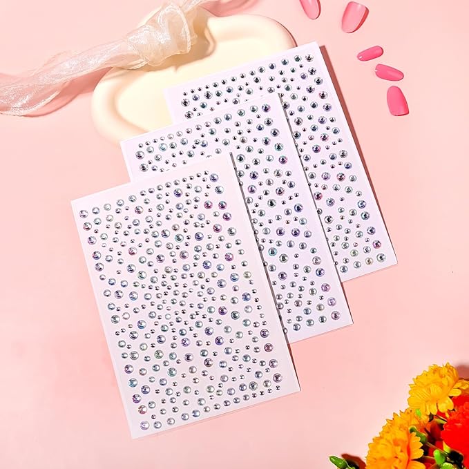 Self Adhesive Face Gems and Pearls for Makeup, Festival Jewels, Hair Gems, Rhinestone Stickers for Face, Eye, Makeup, Nail, Body, Crafts 3/4/5/6 mm 975Pcs (04.gem_whiteab)