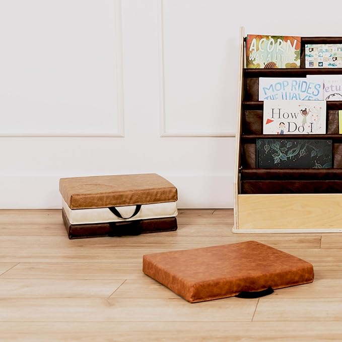Factory Direct Partners Rustic Kid 15 inch Square Floor Cushions with Handles, Distressed Faux Leather, Flexible Seating for Home, Playroom, Montessori, Daycare, Classroom (4-Piece), 12227-DA