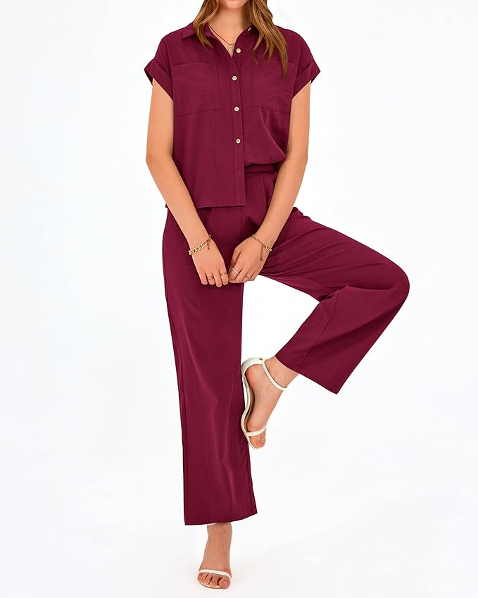 PRETTYGARDEN Womens 2 Piece sets Summer Cap Sleeve Tops Palazzo Pants Dressy Casual Vacation Travel Outfits Tracksuits