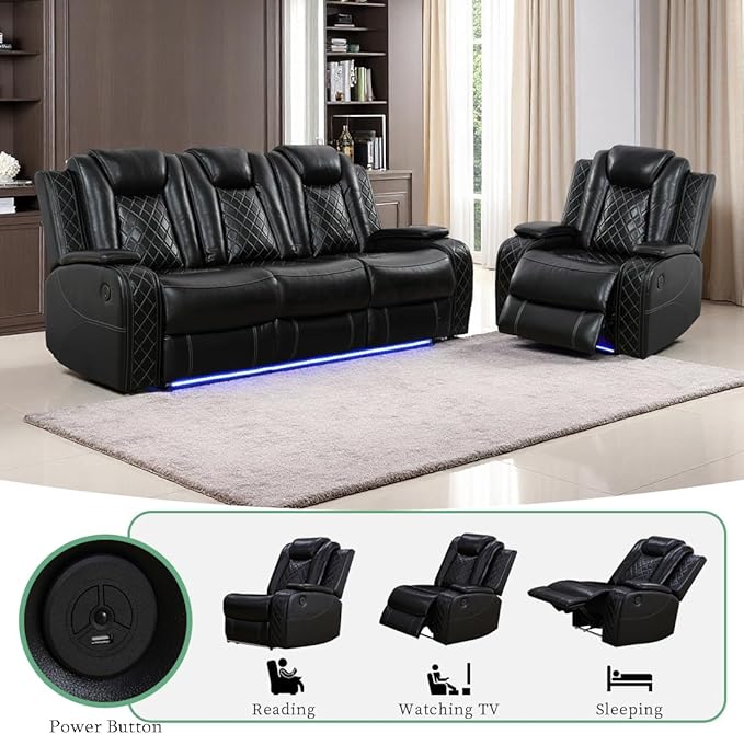 Dekmxas 2 Pieces Living Room Furniture Sets, Power Recliner Sofa Set, Black Leather Power Reclining Sectional Sofa Couch Set with 3 Recliner Seats with Storage Console/Cup Holders for Home Theater/RV