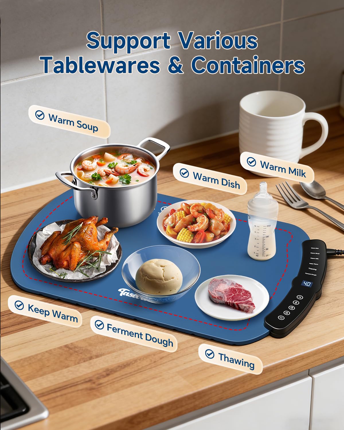 Taseven Food Warming Mat, Heated Tray with 7 Adjustable Temperature Settings, Thermochromic Line, Electric Warming Tray for Buffets Party