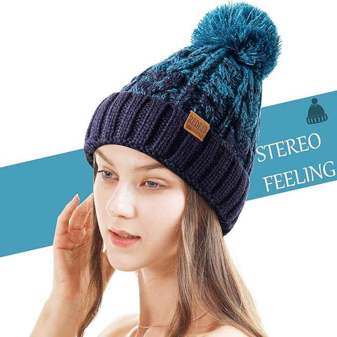 REDESS Women Winter Pompom Beanie Hat with Warm Fleece Lined, Thick Slouchy Snow Knit Skull Ski Cap