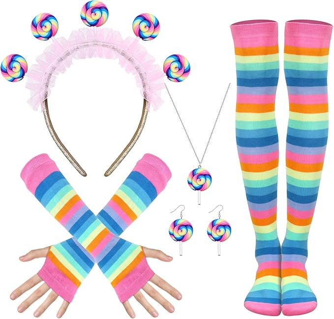 SEPGLITTER Lollipop Costume Women's Set, Candy Costume for Carnival with Hairband, Earrings, Necklace, Gloves and Overknees
