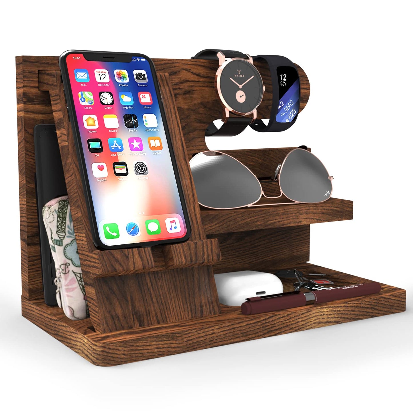 Iswabard Birthday Gifts for Men Wooden Phone Docking Station Organizer Dad Birthday Nightstand Organizer Desk Wood Gifts Valentines Day Gifts