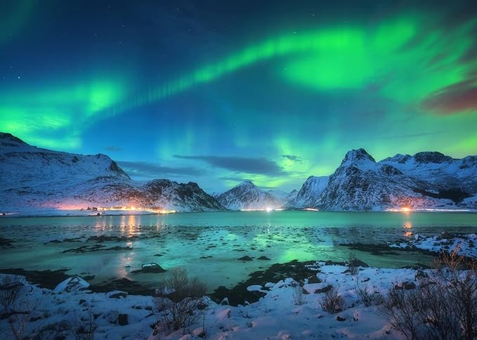 BELECO 7x5ft Fabric Aurora Borealis Backdrop Arctic Snow-Capped Mountains Lake Scenery Northern Lights Norway Winter Lands...