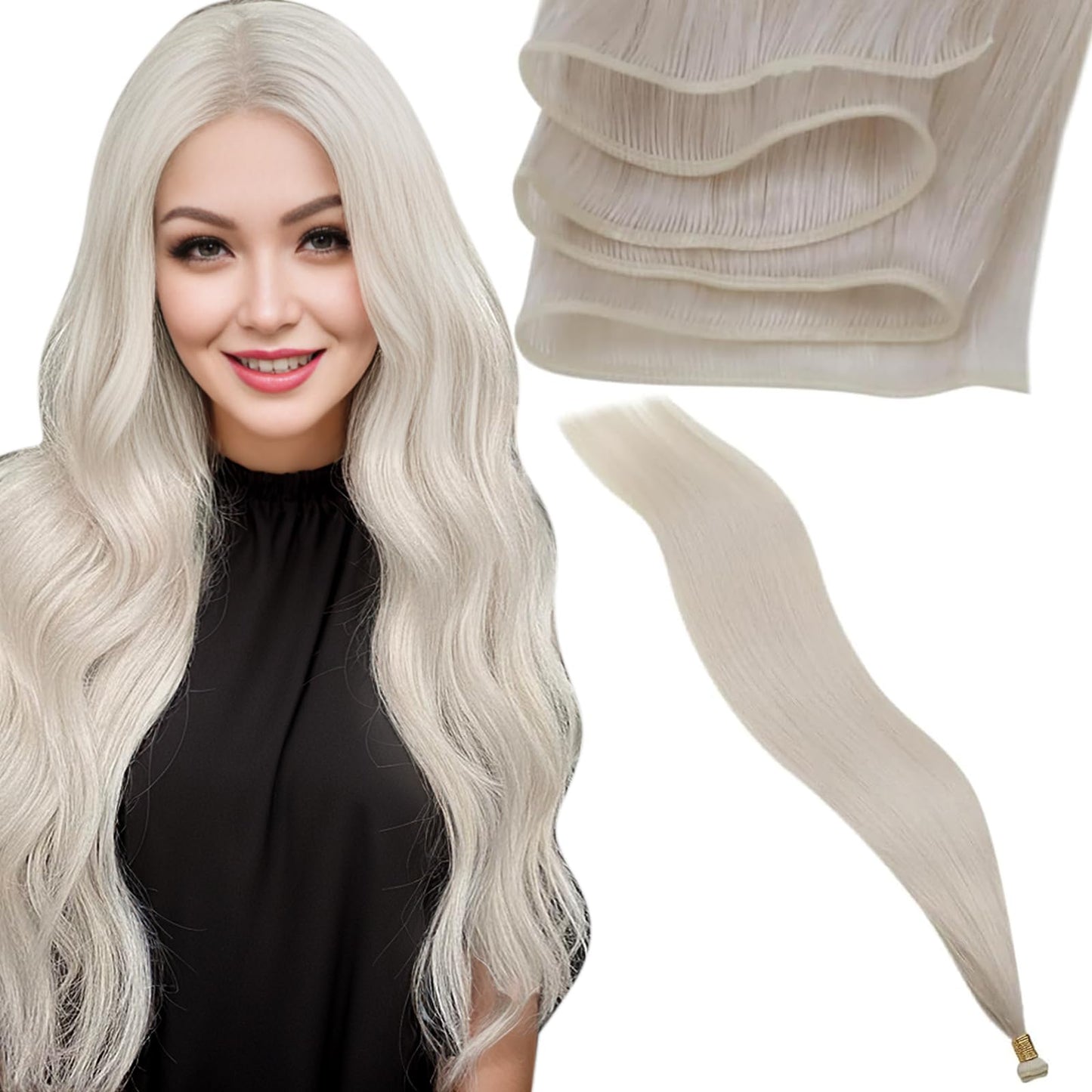LaaVoo Hand Tied Weft Hair Extensions Human Hair Platinum Blonde Sew in Hair Extensions Real Human Hair Blonde Genius Weft Exten
