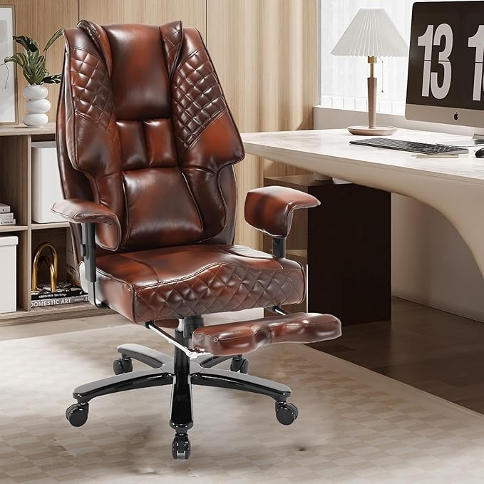 500lb Office Chair, Big and Tall Reclining Office Chair with Footrest, Leather Executive Computer Chair with Wide Seat Recliner Home Desk Chairs with Wheels & Lumbar Support for Heavy People,Brown