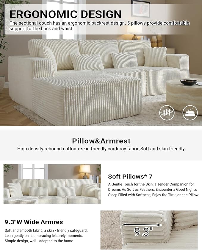 110” Modular Sectional Sofa, Cloud Sectional Couch with Deep Seat, Upholstered Boneless Couches for Living Room, Modern Modular L-Shape Sofa Couch with Chaise (Beige, 110" Right Facing Chaise)