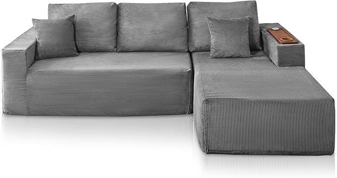Modular Sectional Sofa Cloud Couch with Multi-Functional Armrests, Boneless Plush L-Shape Living Room Couch with Deep Seat, Fluffy Comfy Sleeper Sofa Easy Assembly (Gray, Left Chaise)