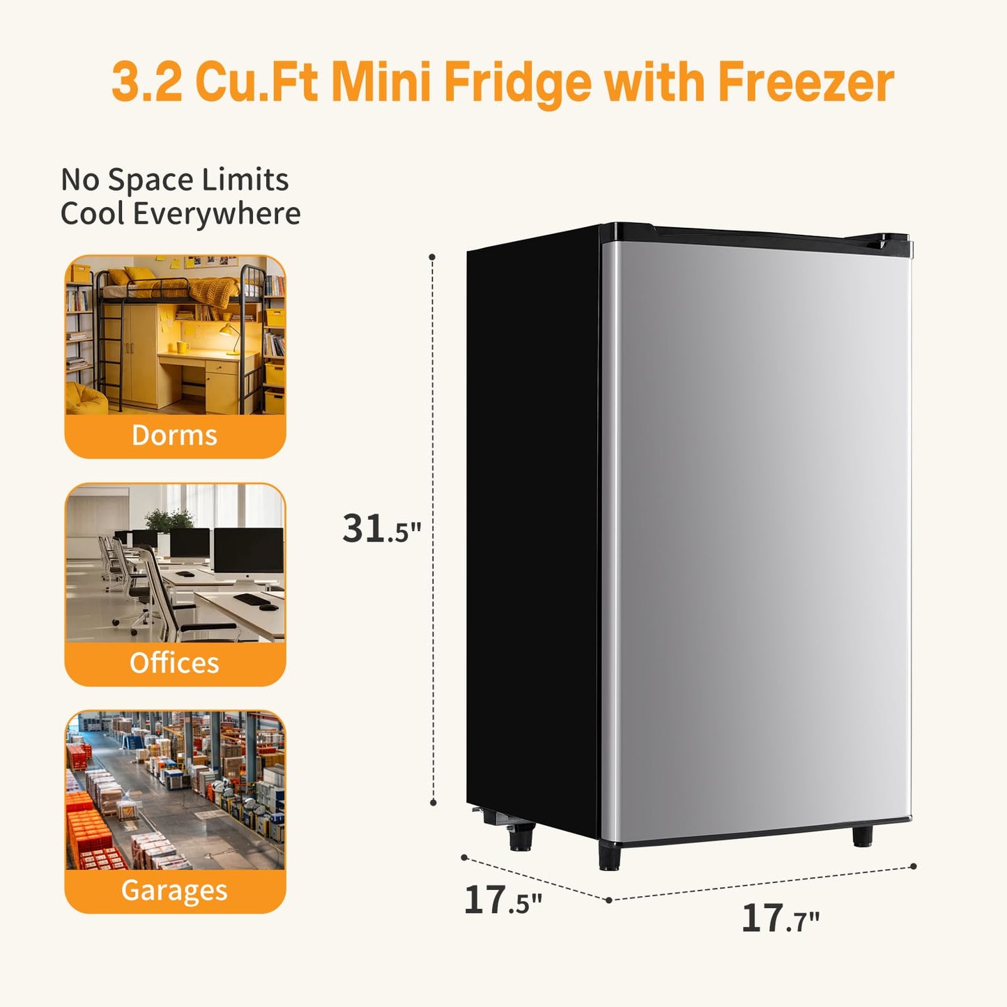 KMFurnila Mini Fridge with Freezer, 3.2 Cu.Ft Mini Refrigerators, Small Beverage Fridge with Adjustable Thermostat, for Bedroom, Office, Dorm, Single Door, Quiet & Energy Saving, Silver