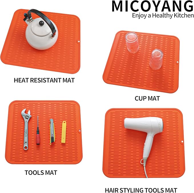 Silicone Dish Drying Mat for Multiple Usage,Easy clean,Eco-friendly,Heat-resistant Silicone Mat for Kitchen Counter or Sink,Refrigerator or Drawer Liner Orange 2XL 24 inches x 18 inches