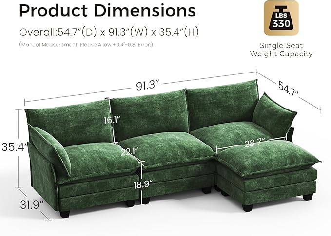 KKL 91.3" Modular Sectional Sofa, L-Shaped 4 Seater Cloud Couch with Ottoman, Chenille Modern Sectional Couches for Living Room, Apartment, Green