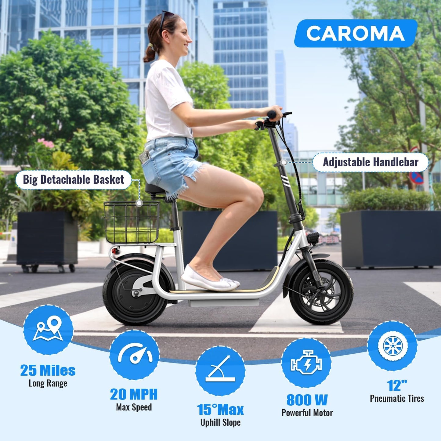 Caroma Peak 800W Electric Scooter with Seat, Electric Scooter Adults with 12" Shock-Absorbing Tires, 375Wh Battery up to 22 Miles&20MPH, Foldable Electric Bike with Seat for Commuting(White)