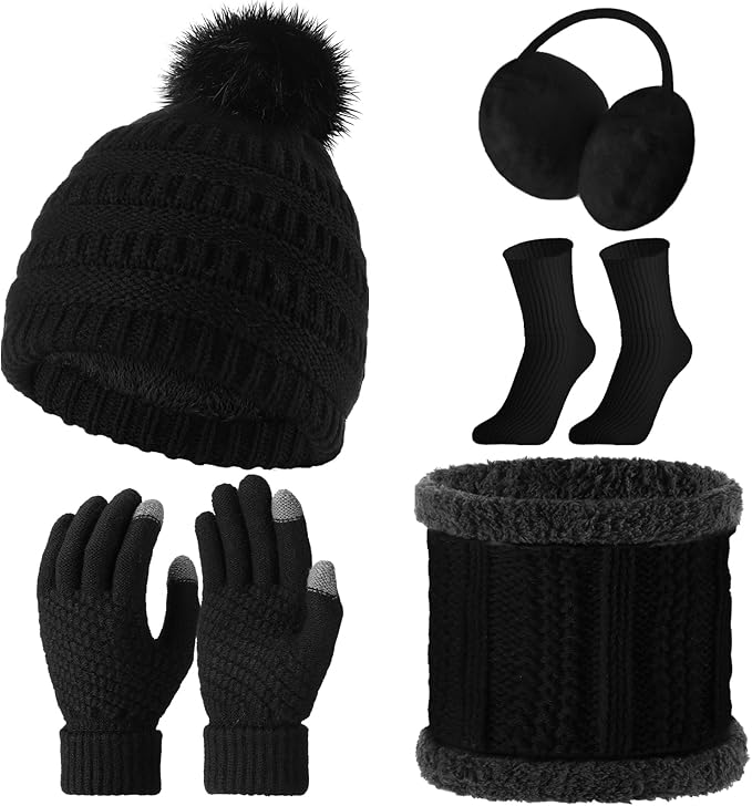SATINIOR 5 Pcs Winter Hat Scarf Gloves Set Fleece Warm Lined Knit Beanie Hat Touch Screen Earmuff Gloves Warmer for Women(Black,Basic Style)