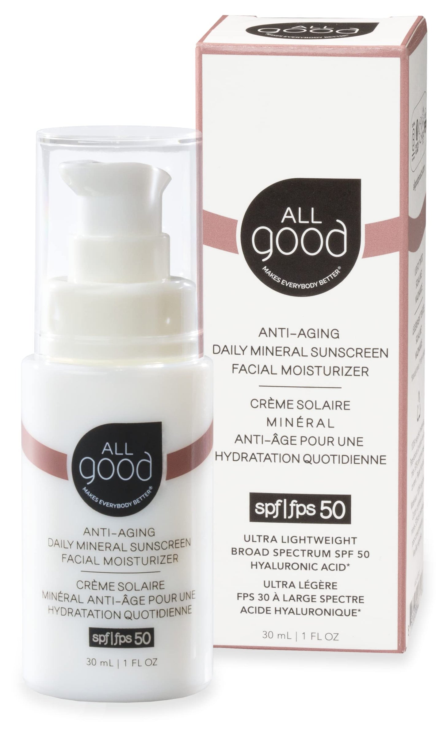 All Good Anti-Aging Daily Mineral Sunscreen Face Moisturizer with SPF 50 Protection | w/Hyaluronic Acid, Niacinamide, Calendula