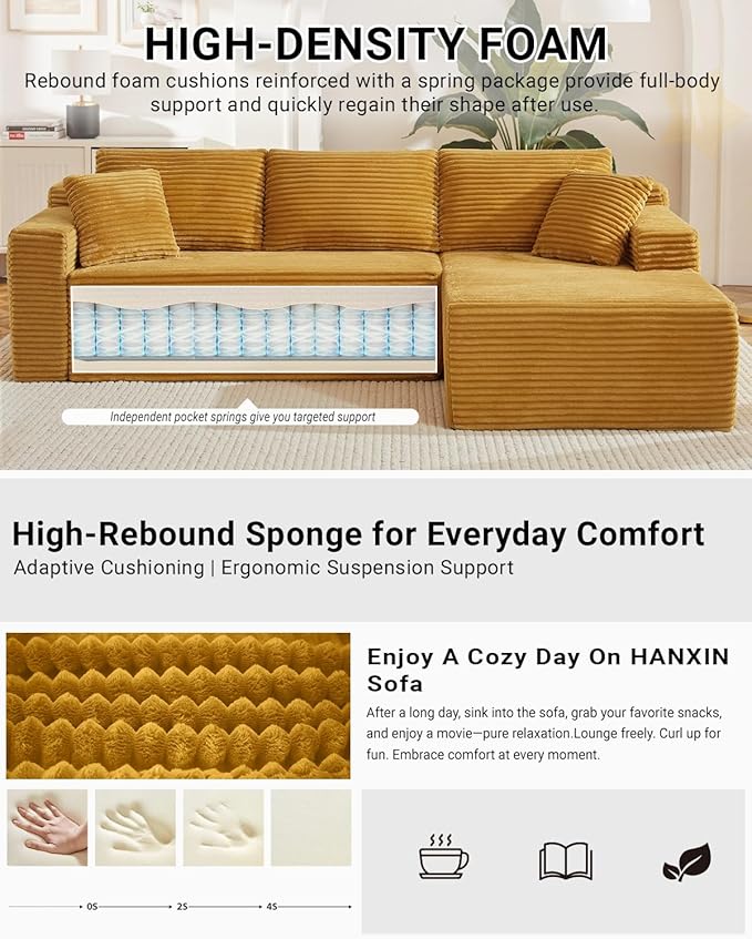 105 Inch Modular Sectional Sofa,Modern Cloud Sectional Couch with Deep Seat,Corduroy Boneless Couches with L-Shape Chaise for Living Room Bedroom,No Assembly Required (Yellow, Right Facing Chaise)