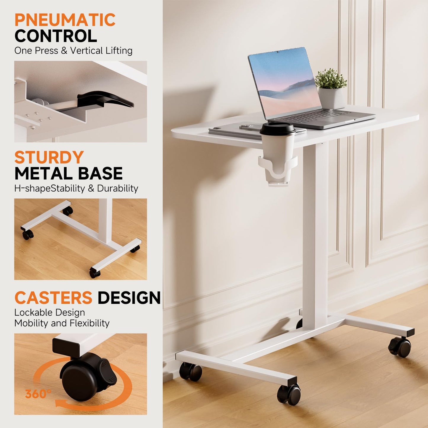 COMHOMA Adjustable Overbed Bedside Table with Lockable Wheels, Pneumatic Mobile Standing Laptop Desk, Small Standing Desk Portable Rolling Overbed Table Hospital Home Use(28" W x 16" D, White)