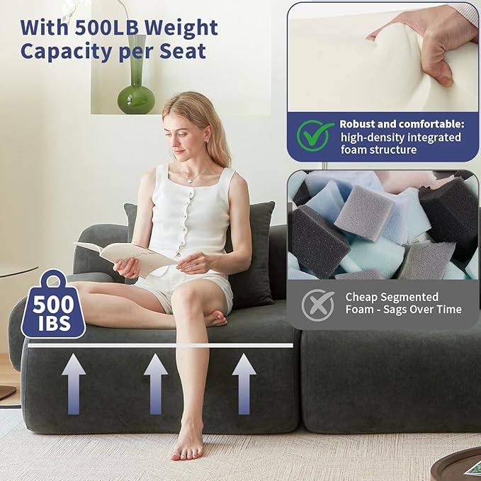 Cloud Couch Sectional,114"-Boneless Couch in a Box,Upholstered Couches for Living Room Bedroom with L-Shape Chaise,Modern Comfy Sofa-Cool Gray Couches,No Assembly Required,Low -Profile Sofa