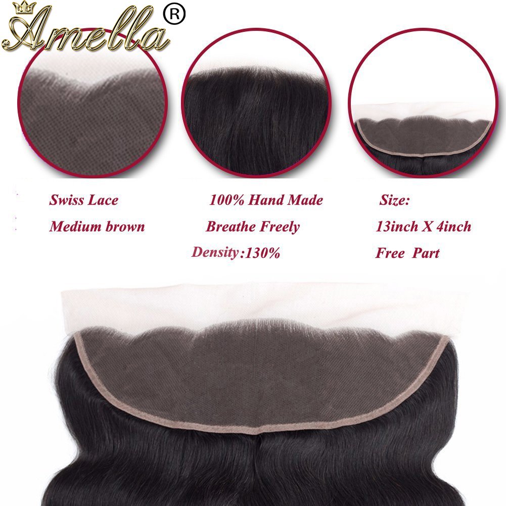 Amella Hair Brazilian Virgin Hair Body Wave 3 Bundles with Lace Frontal Closure (18 20 22 +18 Frontal)13x4 Ear to Ear 8A Grade U