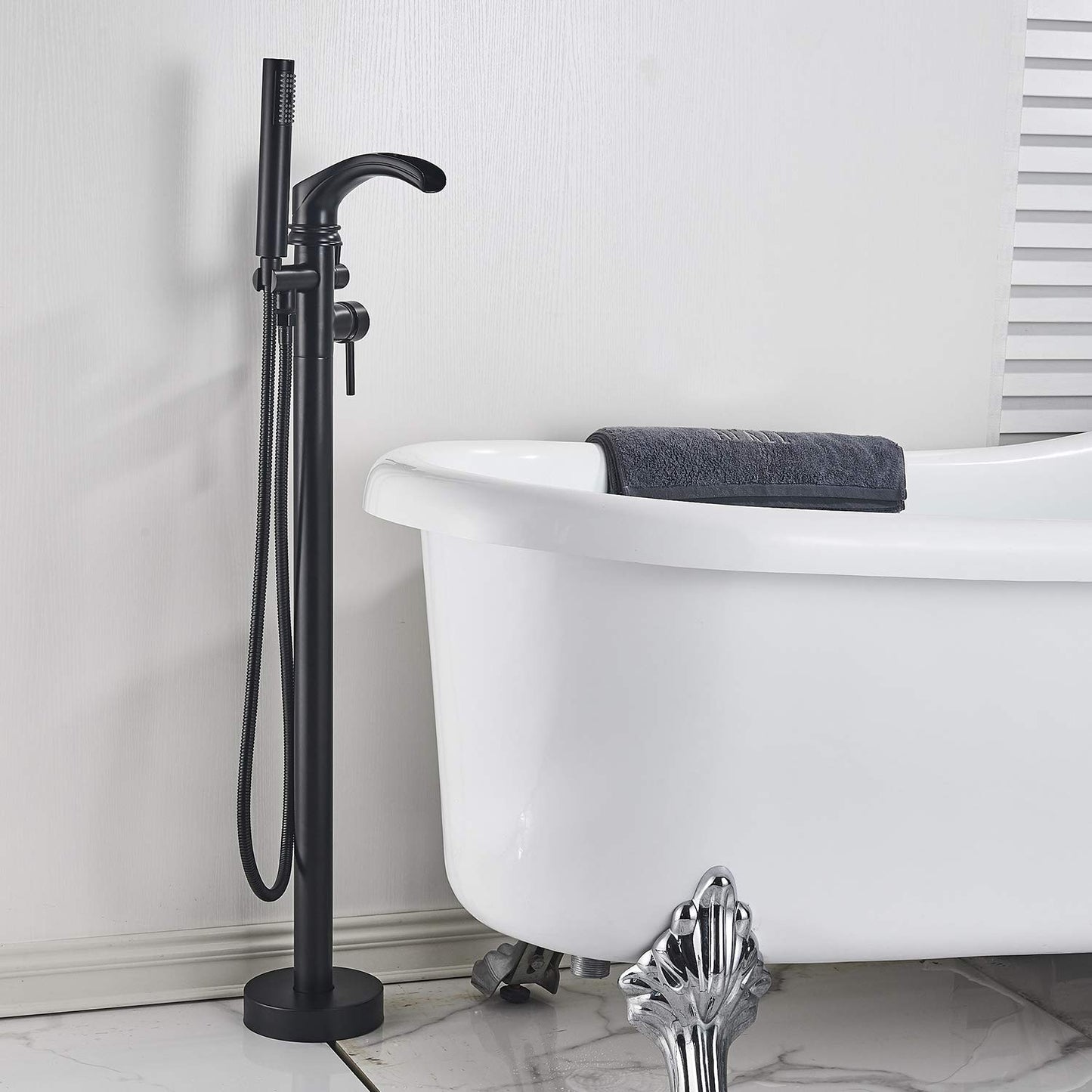 Senlesen Black Freestanding Bathtub Shower Mixer Taps Floor Mounted Single Handle Clawfoot Tub Filler Shower Faucets with Hand Sprayer