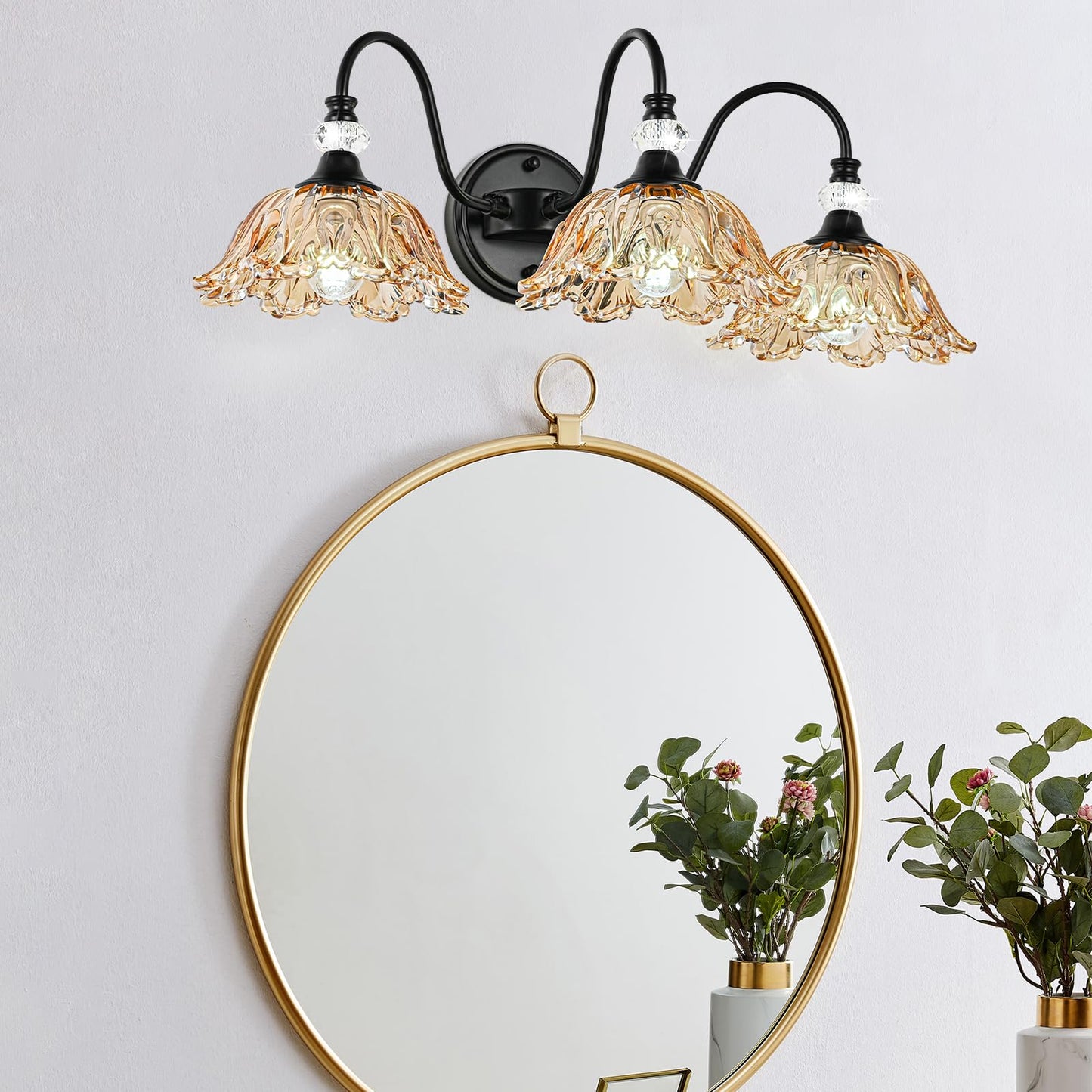 sunkryster Black Bathroom Vanity Light,3-Light Vanity Light with Floral Amber Glass Shades,Vintage Farmhouse Wall Mount Lighting for Bathroom, Dressing Table