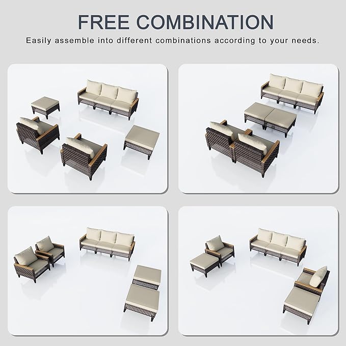 PCSXDSW 7 Pieces Patio Furniture Set, Outdoor Conversation Sets with Footstool, Wicker Rattan Sofa Couches Chairs Ottomans for Porch, Poolside, Deck, Balcony, Backyard, Yard, Garden (Beige Cushions)