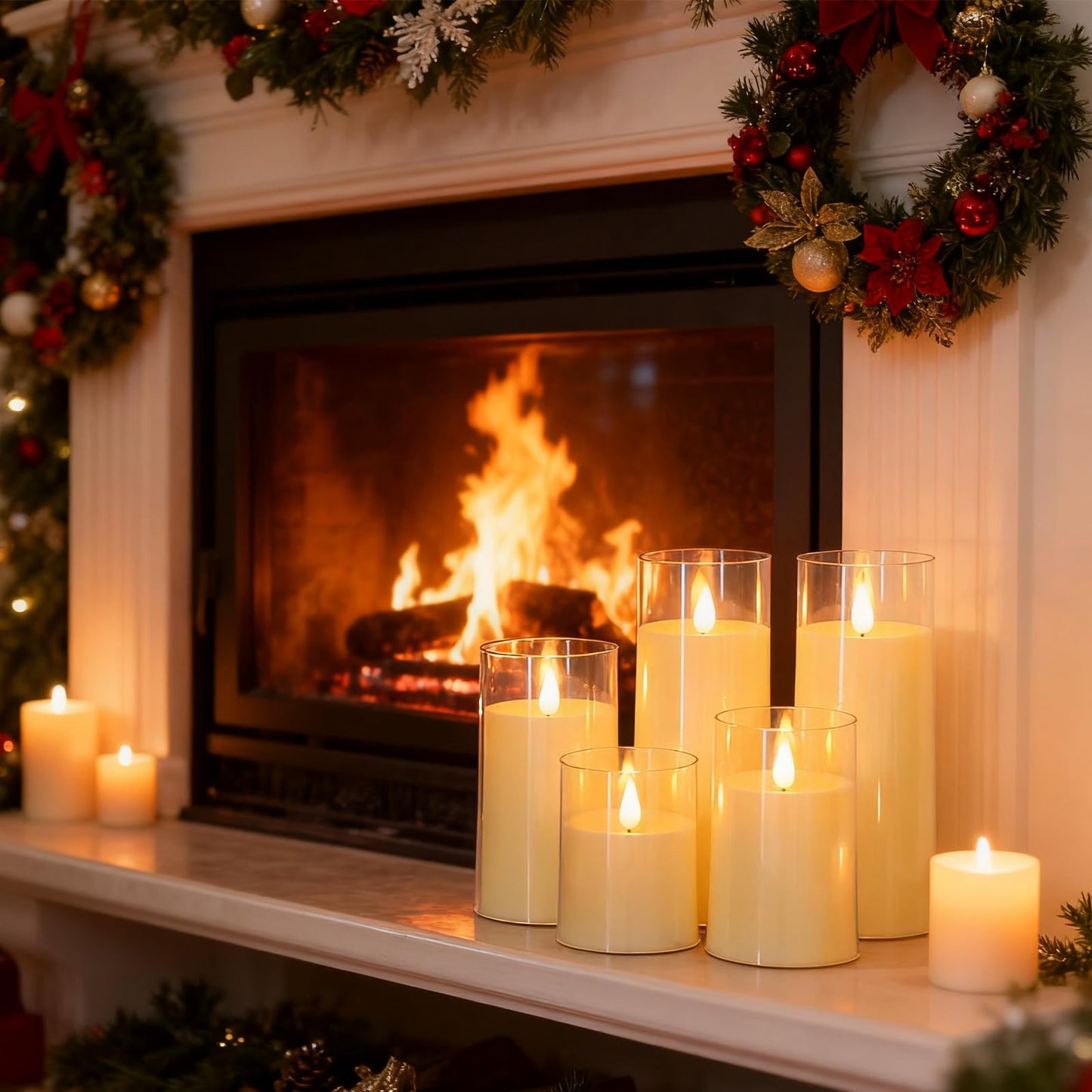 Fo32won Ivory White LED Flameless Pillar Candles Battery Operated with Remote and Timer, Pack of 5 (D 3"×H 4" 5" 6" 8" 8") Decorative Acrylic Flickering Candles with 3D Flame