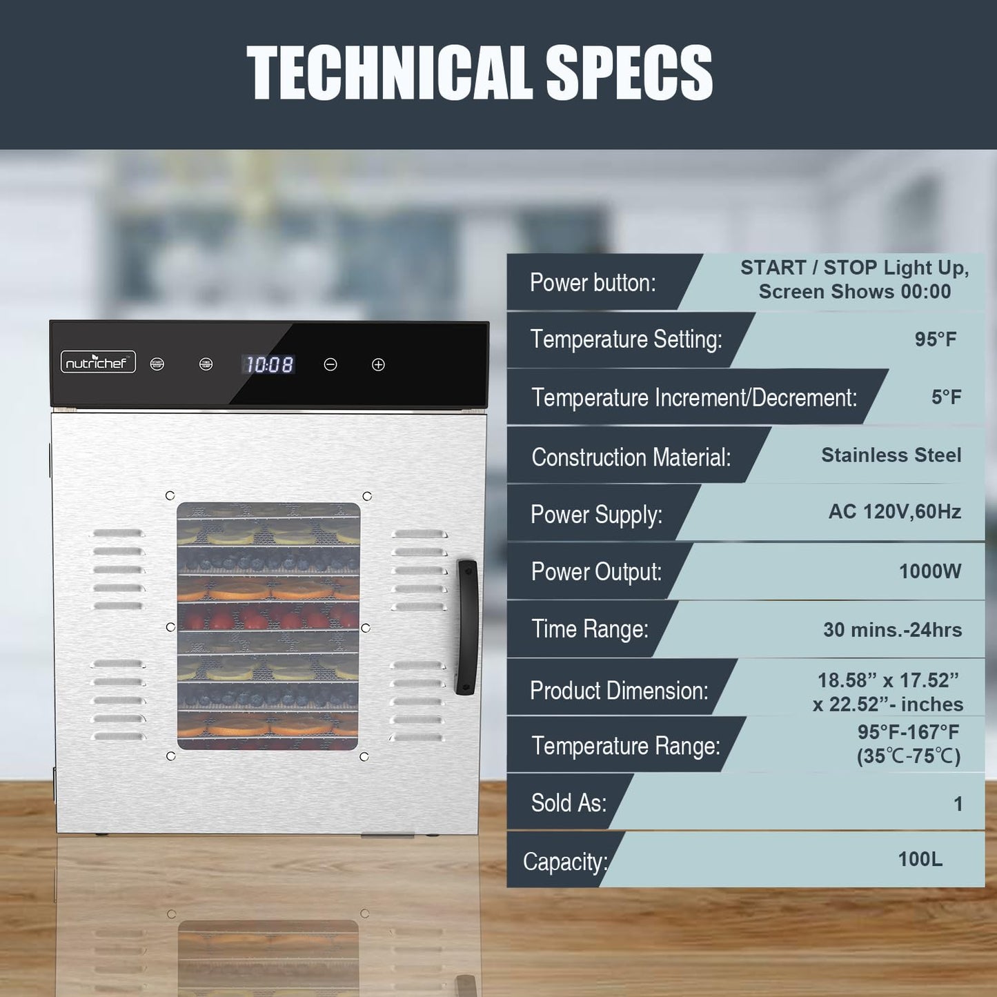 Nutrichef Commercial Electric Food Dehydrator Machine - 14 Shelf Extra Large Capacity - Stainless Steel Trays - 1000-Watts, Digi