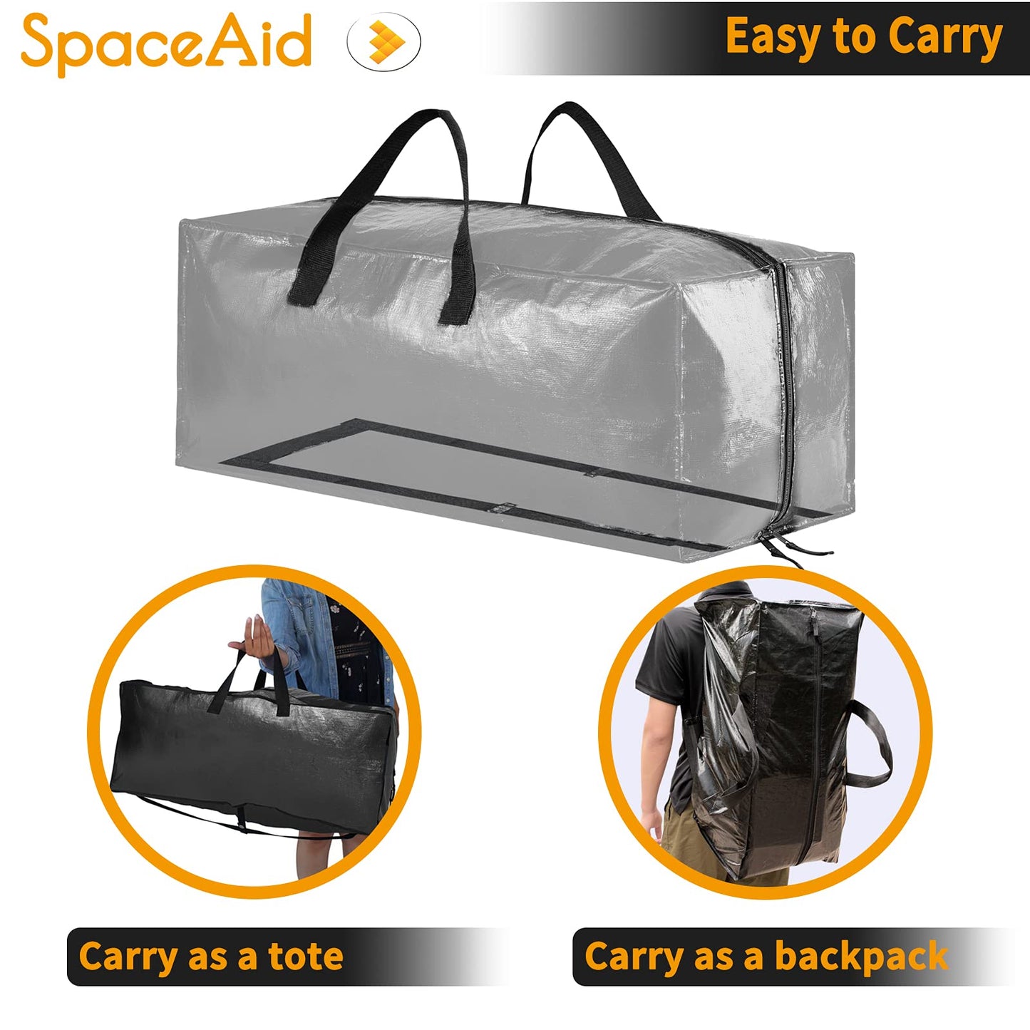 SpaceAid Heavy Duty Moving Bags 8 Pack, Large Storage Totes Bins with Backpack Straps, Strong Handles & Zippers, Packing Moving Boxes Supplies, College Dorm Room Essentials, Black