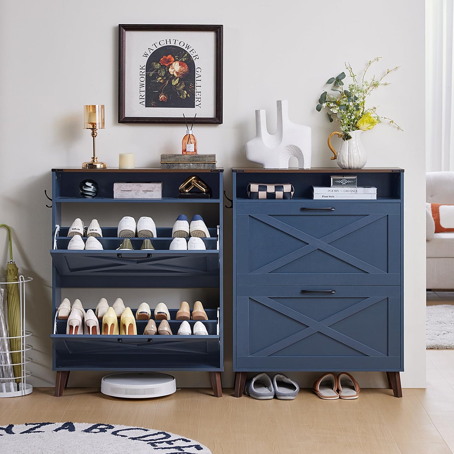Joaxswe Shoe Storage Cabinet with 2 Flip Drawers, Farmhouse Shoe Organizer for Entryways, Narrow Hidden Rack & Open Storage, Free Standing Closet for Foyers, Hallways, Navy Blue